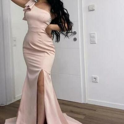  one shoulder long pink split mermaid prom dresses - Thumbnail 3
