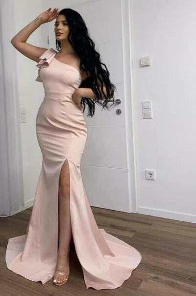  One Shoulder Long Pink Split Mermaid Prom Dresses