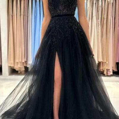 Elegant a-line long black sequined prom dresses with slit - Thumbnail 3