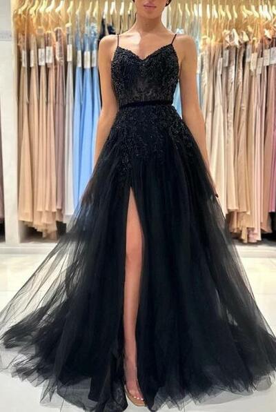 Elegant A-line Long Black Sequined Prom Dresses With Slit