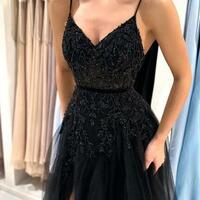 Elegant A-line Long Black Sequined Prom Dresses With Slit - Thumbnail 1