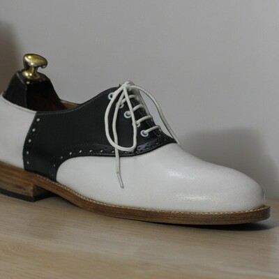 Handmade men's genuine leather shoes,black & white dress shoes - Thumbnail 1