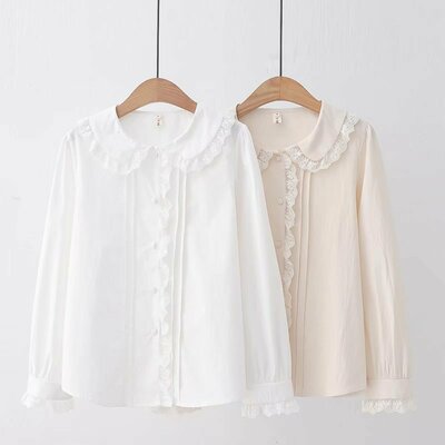 Sweet wood ear edge baby collar accordion pleated solid color long sleeve Blouses