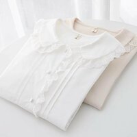 Sweet wood ear edge baby collar accordion pleated solid color long sleeve Blouses - Thumbnail 7