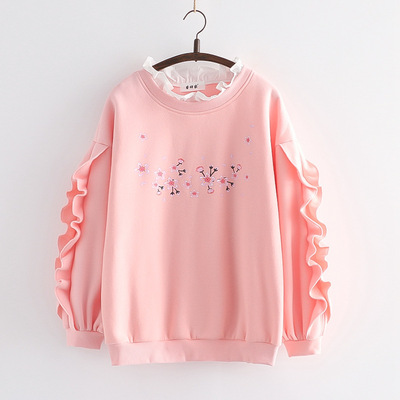 Fungus lace long-sleeved embroidered pink round-neck sweatshirt