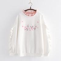 Fungus lace long-sleeved embroidered pink round-neck sweatshirt - Thumbnail 1