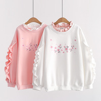 Fungus lace long-sleeved embroidered pink round-neck sweatshirt - Thumbnail 2