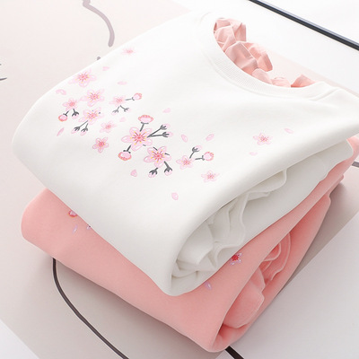 Fungus lace long-sleeved embroidered pink round-neck sweatshirt
