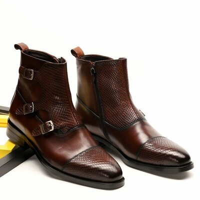 New Handmade Men's Brown Buckle Leather Zipper Dress Boots