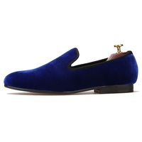 Blue Moccasin Loafer Slip on Velvet Plain Rounded Toe Black Sole Leather Shoes - Thumbnail 4