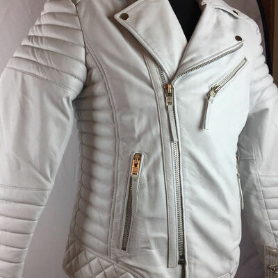 Mens genuine lambskin leather biker jacket motorcycle style white color jacket