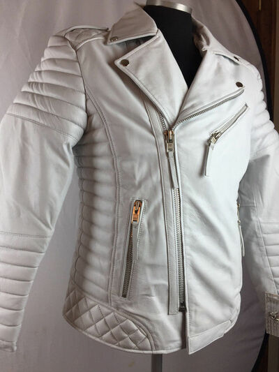 MENS GENUINE LAMBSKIN LEATHER BIKER JACKET MOTORCYCLE STYLE WHITE COLOR JACKET
