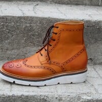 Crafted Leather Bespoke Dress Shoes Brown Leather Classic Ankle High Wingtip Boot - Thumbnail 1