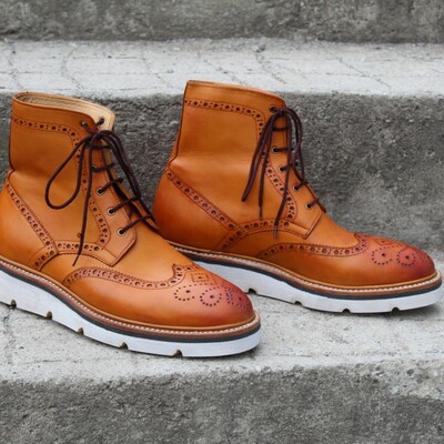 Crafted leather bespoke dress shoes brown leather classic ankle high wingtip boot - Thumbnail 4