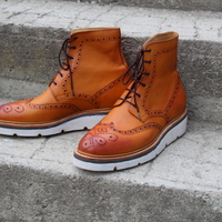 Crafted Leather Bespoke Dress Shoes Brown Leather Classic Ankle High Wingtip Boot - Thumbnail 6