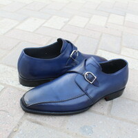 Crafted Leather Blue Leather Classic Single Monk Strap Dress Shoes - Thumbnail 1
