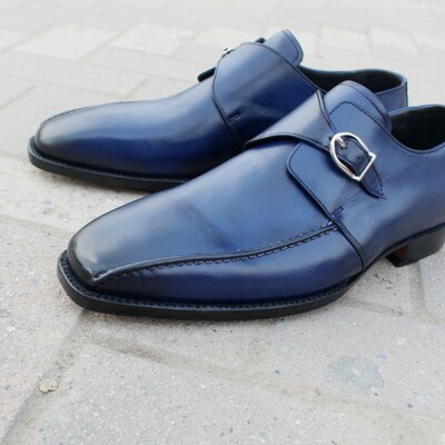 Crafted leather blue leather classic single monk strap dress shoes - Thumbnail 2