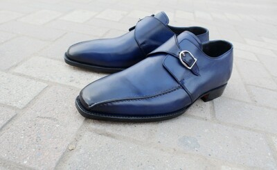 Crafted Leather Blue Leather Classic Single Monk Strap Dress Shoes