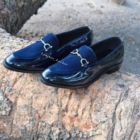 Crafted Leather Blue Velvet and Blue Patent Classic Moccasin Loafers Dress Shoes - Thumbnail 1