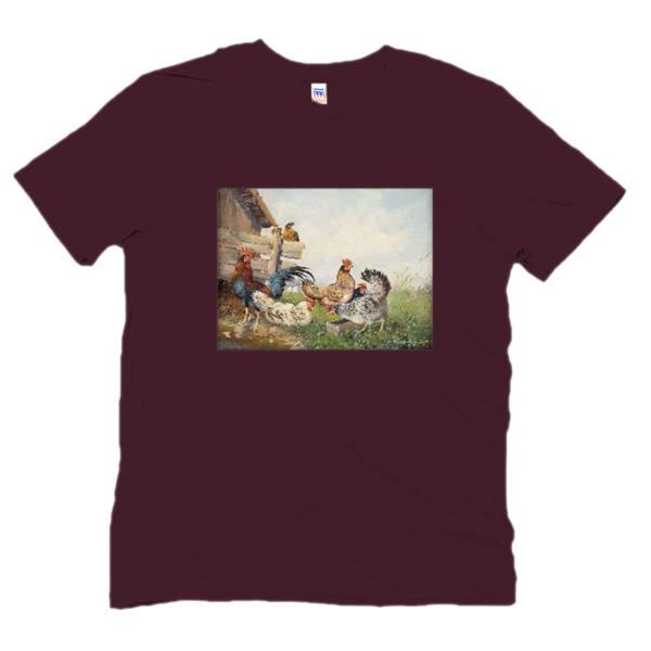 Reprint of Vintage Painting of a Rooster and Hens on a soft cotton t-shirt
