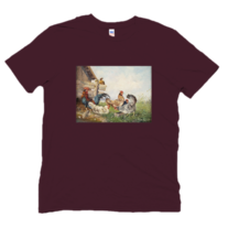 Reprint of Vintage Painting of a Rooster and Hens on a soft cotton t-shirt