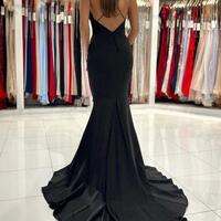 Simple Spaghetti Straps Black Long Mermaid Prom Dresses - Thumbnail 1