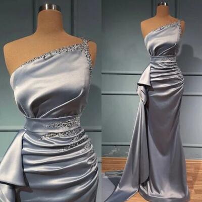 Elegant one shoulder silver long glitter sleeveless evening dresses
