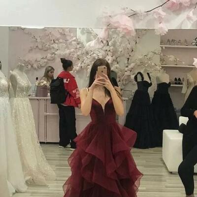 Spaghetti straps a line tulle ruffle burgundy prom dresses - Thumbnail 1