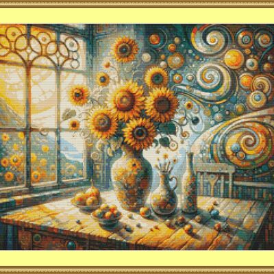 Vase of sunflowers cross stitch pattern