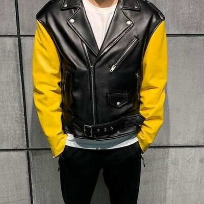 Mens genuine leather jacket biker motorcycle retro classic cafe racer new style