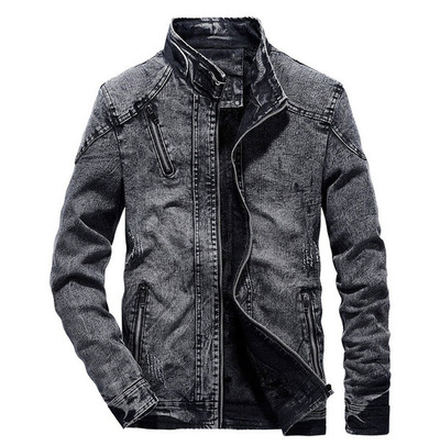 Vintage Retro Zipper Pockets Slim Fit Washed Denim Jacket