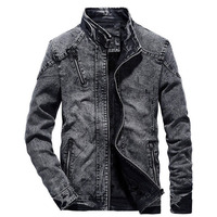 Vintage Retro Zipper Pockets Slim Fit Washed Denim Jacket - Thumbnail 4