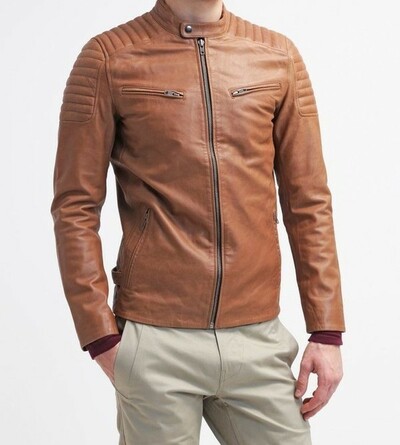 Men's Genuine Lambskin Leather Jacket Mango Tan Biker Motorcycle jacket