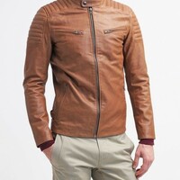 Men's Genuine Lambskin Leather Jacket Mango Tan Biker Motorcycle jacket - Thumbnail 4