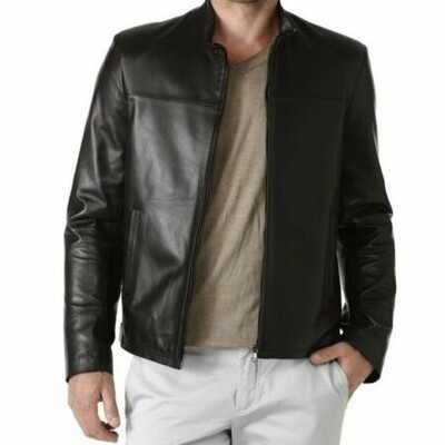 Mens winter black leather jacket 100% real lambskin leather biker jacket
