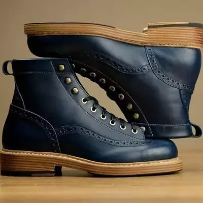 New handmade men's navy blue lace up leather ankle high formal leather boots