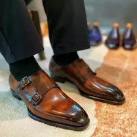 Handmade Men's Brown Cowhide Leather Double Monk Chisel Toe Formal Dress Shoes - Thumbnail 4