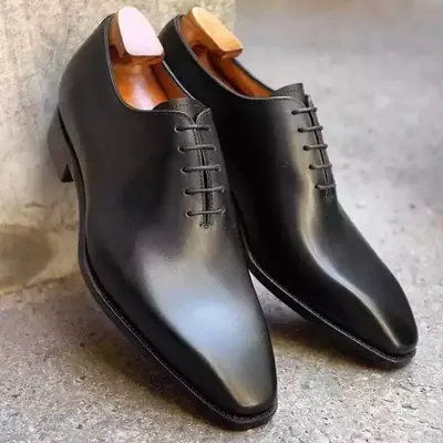 Handmade men's black leather oxford chiseled toe whole cut dress formal shoes