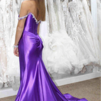 Purple Off Shoulder Bridesmaid Dresses Slit Side with Beading - Thumbnail 1