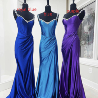 Purple Off Shoulder Bridesmaid Dresses Slit Side with Beading - Thumbnail 2