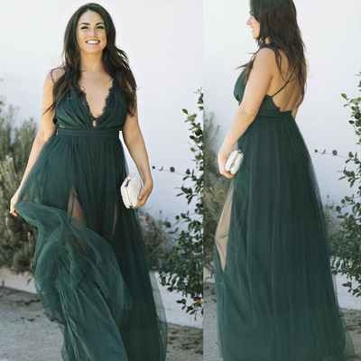 Dark Green Prom Dresses Deep V Neck Slit Side Tulle