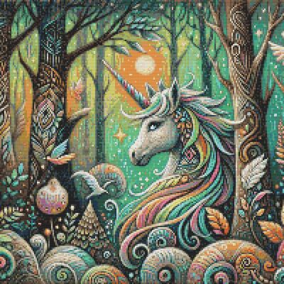 Unicorn in a forest cross stitch pattern