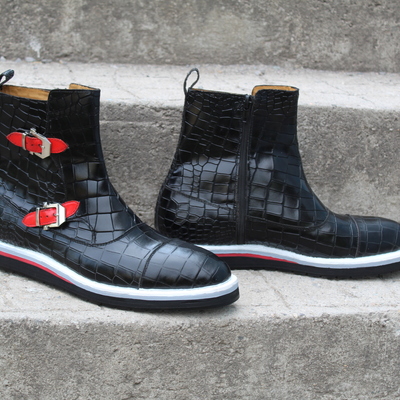 Crafted leather bespoke dress shoes tri rubber sole black crocodile/alligator leather side zipper ankle boot - Thumbnail 3