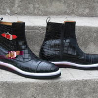 Crafted Leather Bespoke Dress Shoes Tri Rubber Sole Black Crocodile/Alligator Leather Side Zipper Ankle Boot - Thumbnail 5