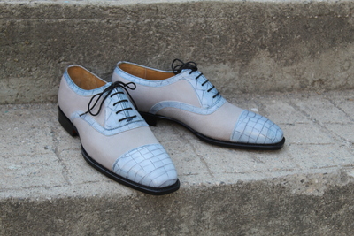 Crafted Leather Classic Gray Crocodile/Alligator Oxford Lace up Dress Shoes