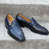 Crafted Leather Blue Leather Classic Moccasin Loafers Formal Dress Shoes - Thumbnail 1