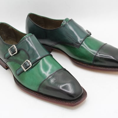 Crafted leather double monk strap dress shoes in green leather  - Thumbnail 3