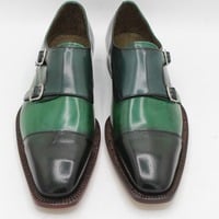 Crafted Leather Double Monk Strap Dress Shoes in Green Leather  - Thumbnail 1