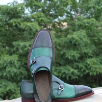 Crafted Leather Double Monk Strap Dress Shoes in Green Leather  - Thumbnail 3