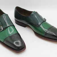 Crafted Leather Double Monk Strap Dress Shoes in Green Leather  - Thumbnail 4